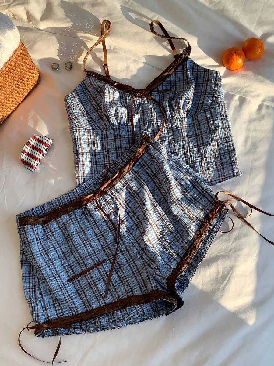 Comfortcana 大码女式格子吊带背心和短裤两件套 - 彩色 - 查看 1