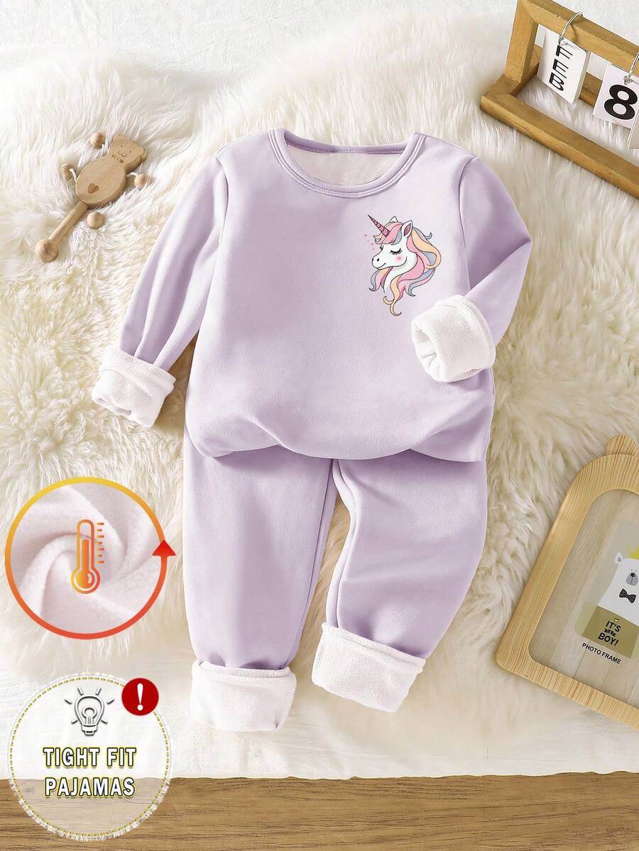 Conjunto de pijama infantil feminino com estampa de unicórnio em fleece grosso, gola redonda, manga comprida e calça.