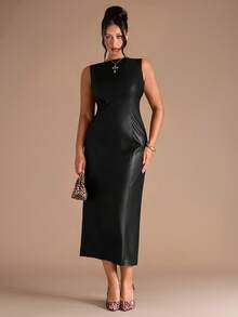 SHEIN BAE 女士无袖PU皮革紧身连衣裙 - 黑色 - 查看 4