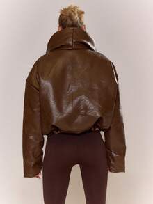 MUSERA Thick Padded Fold Over Collar Faux Leather Jacket Night Out Autumn Fall Winter Back To School Everyday Outerwear