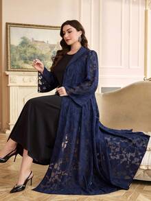 Al Najma Áo choàng Abaya Ả Rập dáng rộng, thắt eo, tay dài, cỡ lớn dành cho nữ - Màu xanh hải quân - Xem 7