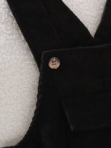 女童灯芯绒休闲纽扣口袋背带连体裤 - 黑色 - 查看 3