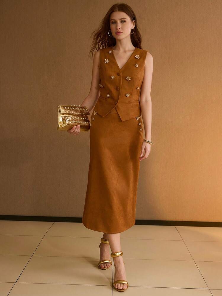 BROWN SUEDETTE RHINESTONE DECOR SLEEVELESS JACKET
