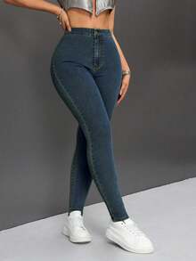 SHEIN PETITE 女士口袋纽扣修身日常休闲牛仔裤 - 深色水洗藍 - 查看 3