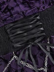 ROMWE Goth 浪漫复古哥特式十字架植绒可拆卸金属链系带腰部不对称下摆女式连衣裙 - 彩色 - 查看 4