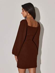 Casual Solid Color Slim Fit V-Neck Long Sleeve Women Dresses - Coklat - View 2