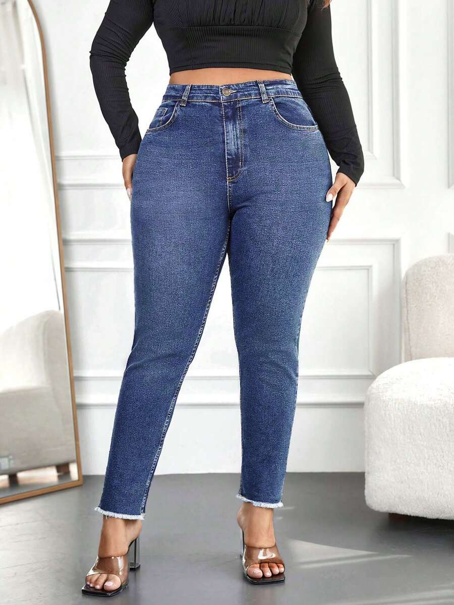 SHEIN Cottnline 大碼女士帶口袋修身牛仔褲 - 淺色水洗藍 - 查看 1