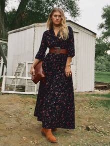 Freevana 女士度假黑色碎花衬衫裙，宽松七分袖连衣裙，休闲秋冬连衣裙