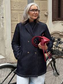 Vivie Lora Veste en jean décontractée à col cranté et double boutonnage pour femmes, automne - Bleu marine - Voir 6