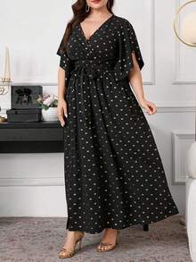 SHEIN Clasi Robe de soirée élégante pour femmes grandes tailles avec nœud papillon, col en V métallique, manches évasées, taille nouée, froncée et fente - Noir - Voir 6