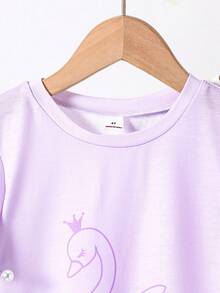 两件套女童短袖长袖连衣裙，紫色和白色，甜美宽松长裙，天鹅卡通可爱图案，柔软面料，公主风，舒适家居服，夏季 - 粉色 - 查看 6