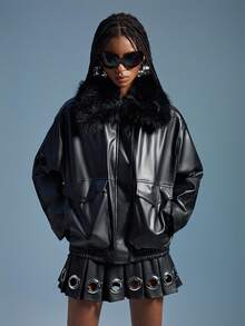 GENKIRA Utility Style Fur Collar Loose Fit Slimming Premium Leather Jacket, Suitable For Business Casual, Featuring Oversized Pockets - Black - View 5