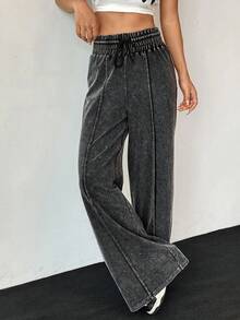 SHEIN 少女休闲做旧水洗黑灰色高腰阔腿运动裤