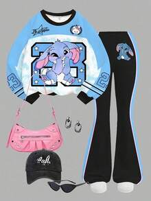 两件套少女休闲宽松兔子图案扎染天蓝色运动风23号印花卫衣和喇叭裤套装，适合秋冬季节、居家穿着、度假穿着。 - 彩色 - 查看 2