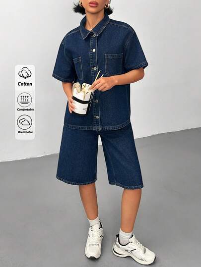 EURMUSE Summer Casual Short Sleeve Denim Top And Shorts Set Denim Short Set Jean Outfit Set