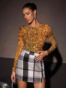 Glamance Vecteezy Camiseta de mujer de manga larga, cuello redondo, ajuste ceñido, con decoración de lentejuelas - Amarillo - Ver 6