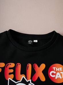 SHEIN Felix The Cat Tween Boy Cartoon Pattern Cute Casual Black Crew Neck Sweatshirt - Black - View 4
