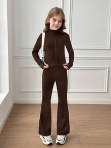 SHEIN Tween Girl Knit Comfortable Tight Stand Collar Zip-Up Long Sleeve Jacket And Tight Flare Pants 2 Pieces Sportswear Set, Autumn/Winter