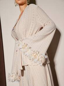 Slumberist 3件套女士3D立体花卉拼接睡袍和吊带背心，开衩裤针织提花睡衣套装，冬季服装 - 杏色 - 查看 5