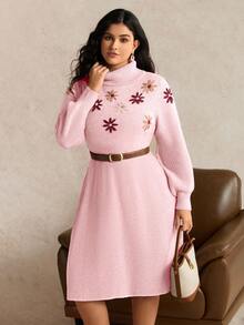SHEIN LUNE 大码高领灯笼袖针织连衣裙，花卉刺绣优雅修身中长款毛衣裙，秋冬款 - 粉色 - 查看 1