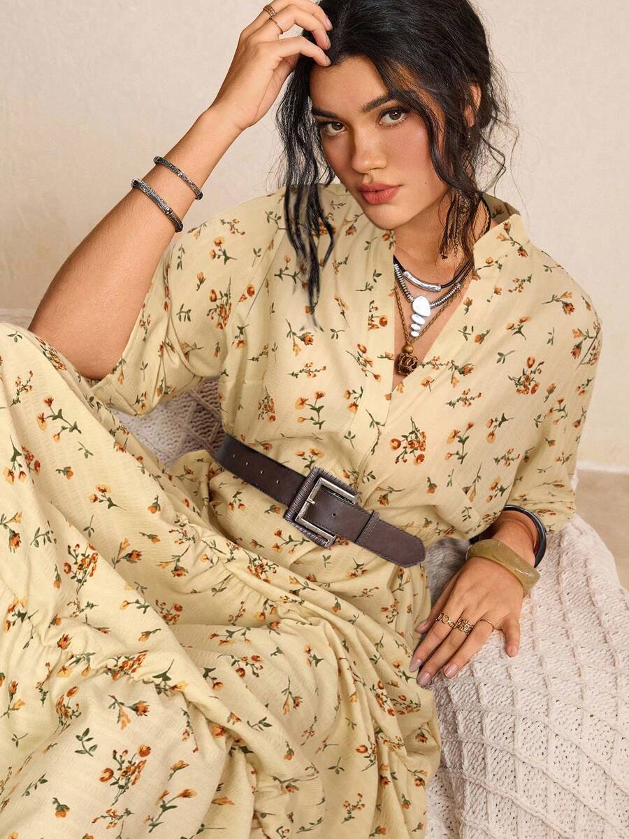 Freevana 大码粉色碎花休闲四层连衣裙 - 卡其色 - 查看 1