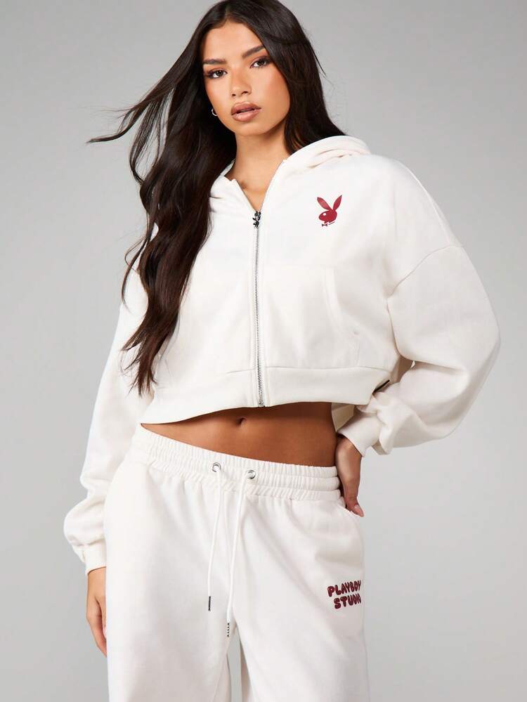Missguided x Playboy Oversized Cropped Full Zip Hoodie With Drawstring Hood And Front Chest Logo Print For Casual Everyday Comfort