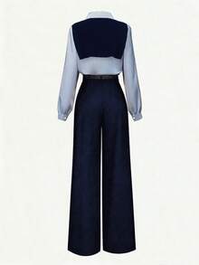 Franclia French Casual Commuter Versatile Fashion Blue & White Striped Long Sleeve Button-Up Shirt And Straight Wide Leg Pants, Spring/Autumn Women 2-Piece Set, Casual Business Suit, Daily Commute Outfit - Navy Blue - View 2