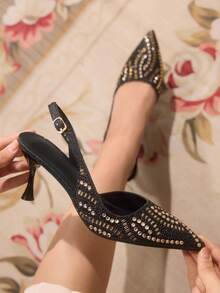 CUCCOO TILAWA Casual Minimalist Buckle Closed Toe Thin Heel Women Pumps For Christmas - Black - View 2