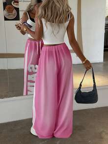 Rovax Quần ống loe in chữ thập phong cách đường phố thời trang dành cho nữ, màu hồng, thiết kế, tỷ lệ hoàn trả cao, phù hợp cho mùa thu, xuân, đông, mùa tựu trường - Hồng - Xem 2