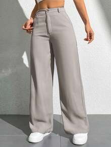 SHEIN PETITE Women Casual Solid Color Straight-Leg Pants - Light Grey - View 5