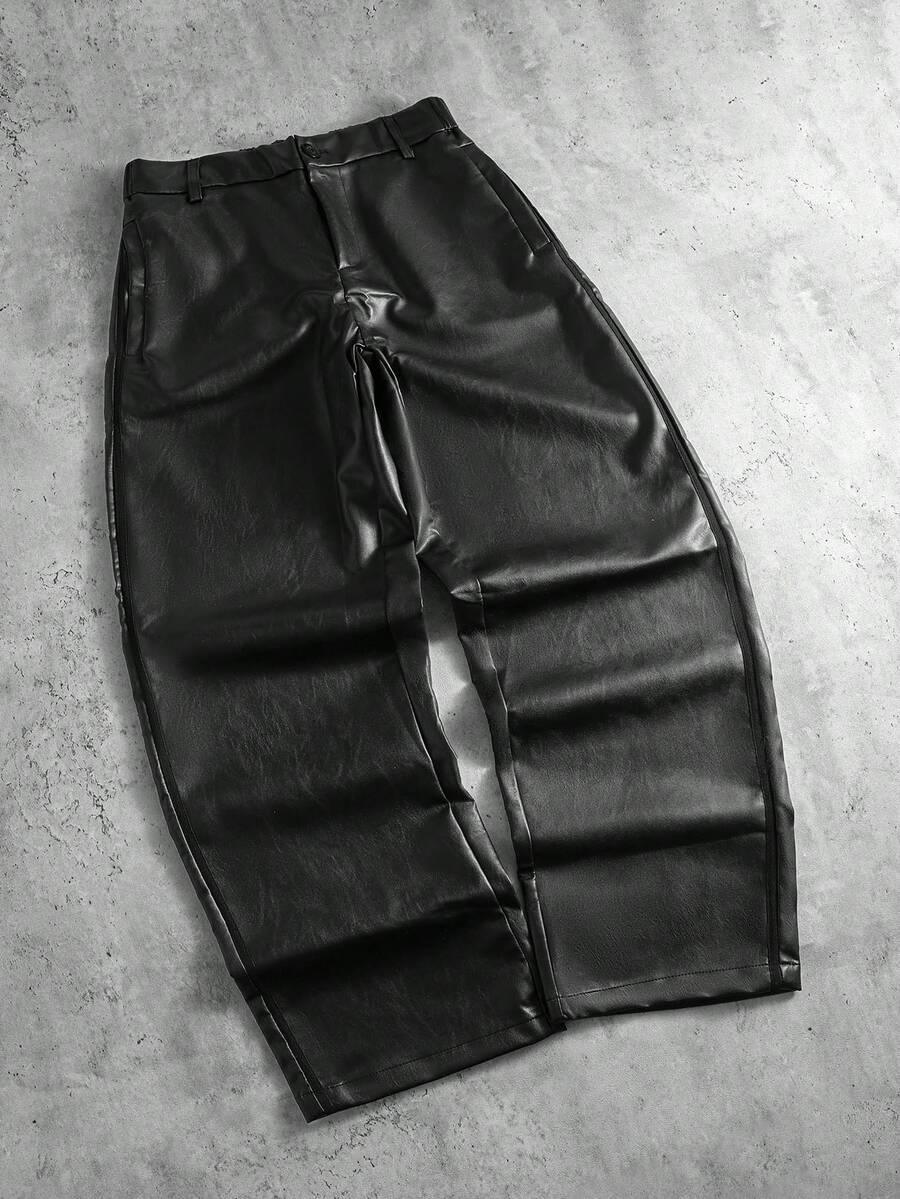 Manfinity Roghcode 男士黑色 PU 皮裤,休闲百搭时尚直筒裤,高腰裤,秋冬 - 黑色 - 查看 1