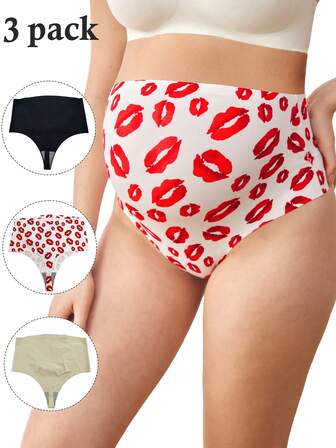 Moonlight & Mama 3 st/pack gravida kvinnor med läppmönster, enfärgade högmidjade underkläder