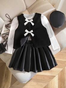 SHEIN Elladie kids Young Girls Green Faux Leather Hat,White Long Sleeve Top,Fleece Vest&Skirt Autumn Winter Outfit Set,Perfect For 7th Birthday - Black - View 1