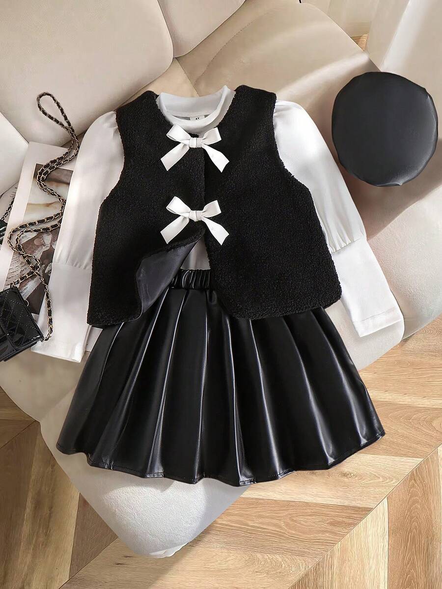 SHEIN Elladie kids Young Girls Green Faux Leather Hat,White Long Sleeve Top,Fleece Vest&Skirt Autumn Winter Outfit Set,Perfect For 7th Birthday - Black - View 1