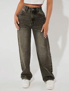 SHEIN PETITE Jeans rectos de cintura alta lavados de manera casual - Gris Claro - Ver 5