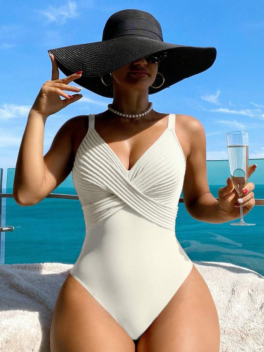 Swim Lushoire 1pc Striped Unique Fabric Criss-Cross Front One-Piece Swimsuit - White - View 1