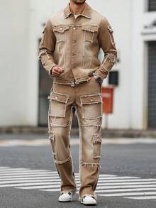 Manfinity Roughcore Men's Casual Distressed Frayed Hem Khaki Denim Outfit Mens 2 Piece Outfits Brown