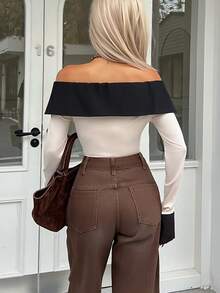 Siren Gaze Women's Autumn Elegant Black And White Off-Shoulder Long Sleeve T-Shirt,Night Out Contrast Color Exposed Shoulder Top With Polka Dot Scarf Belt - Apricot - View 2
