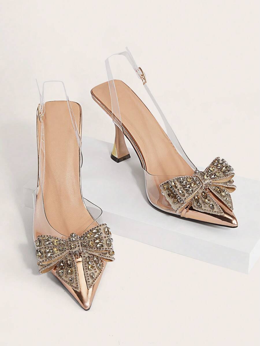 Enchnt 2025 秋冬女士尖头 PVC 透明高跟鞋，带水钻蝴蝶结装饰和绑带，适合舞会、婚礼、派对、春夏香槟色鞋情人节、小猫高跟鞋