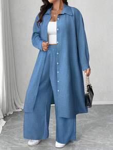 SHEIN Elenzya Plus Size Pleated Textured Fabric Collared Long Sleeve Long Shirt And Loose Straight Leg Pants Casual Outfit, 2pcs Set - Blue - View 8