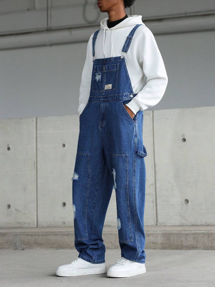Manfinity Homme Men's Casual Distressed Chest Strap Denim Bib Overalls - Medium Wash - View 1