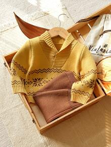 SHEIN Vintaside Kids Baby Boys Knit Sweater Set,Shawl Collar Pullover & Pants,Winter Snowflake Pattern,Brown And Yellow Polka Dot,Autumn,Modest,Matching Family,Toddler - Multicolor - View 5