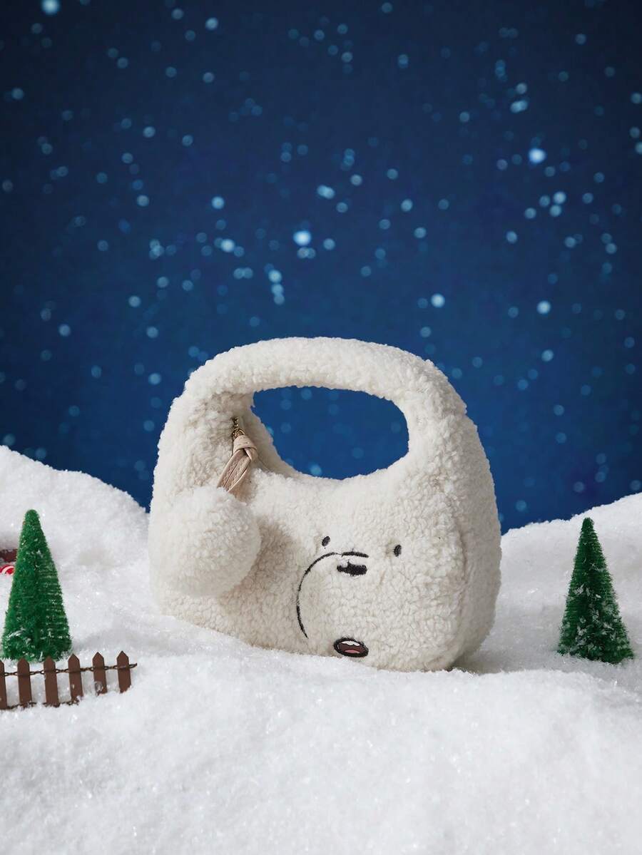 We Bare Bears X SHEIN 时尚可爱小熊刺绣泰迪熊毛绒手提包 - 米白色 - 查看 1
