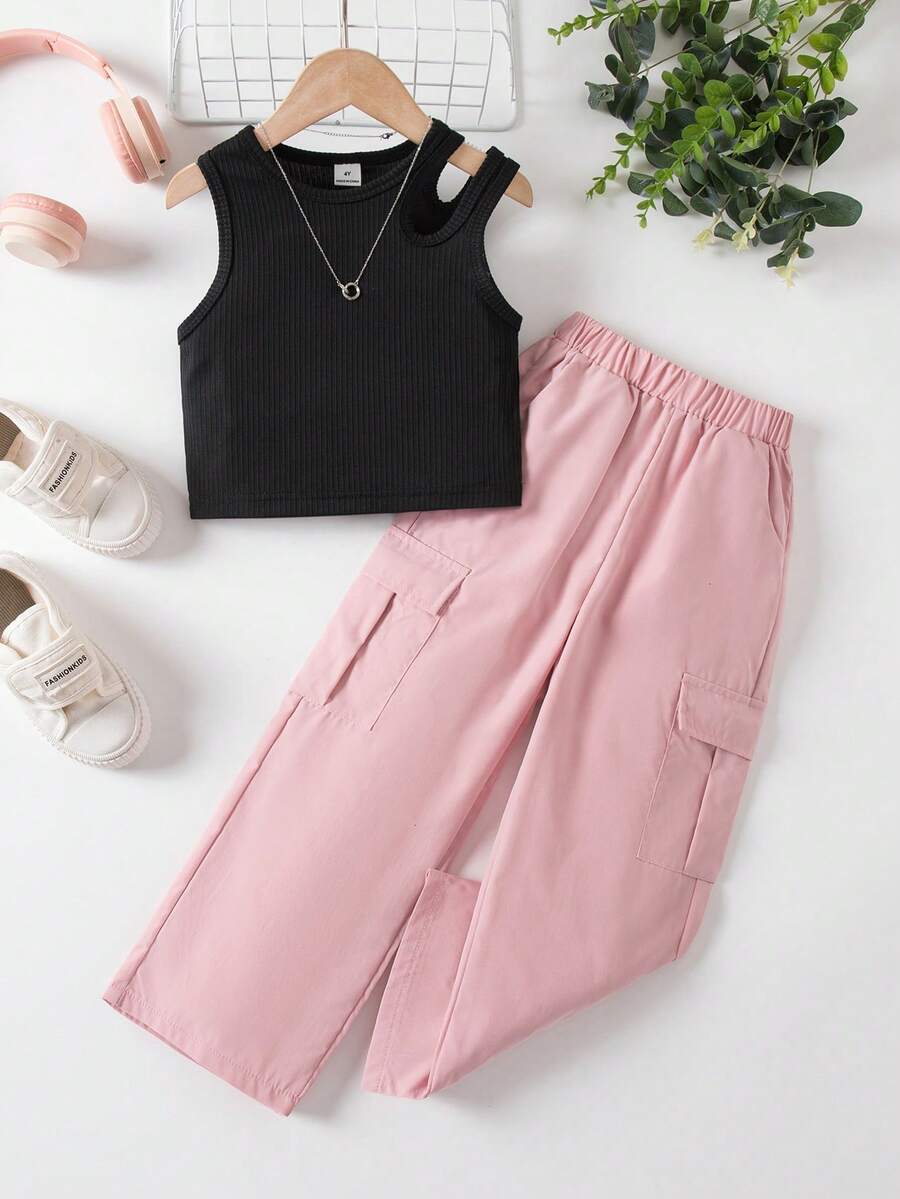 SHEIN Bộ 2 món áo ba lỗ hở vai cổ tròn màu trơn và quần túi hộp cho bé gái, mùa hè - Hồng - Xem 1