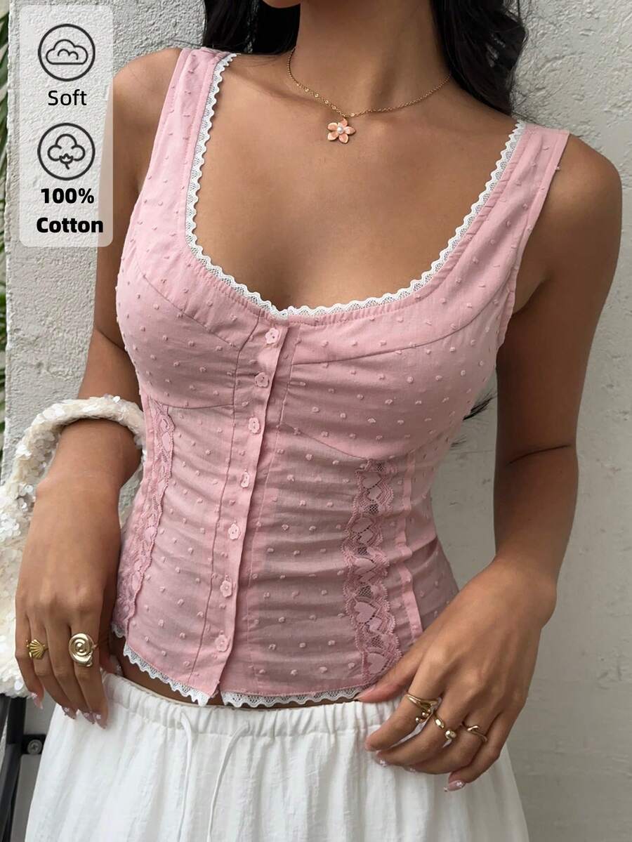 Sunnyshic 蕾丝拼布褶饰紧身圆领背心，适合夏季穿着 - 粉色 - 查看 1