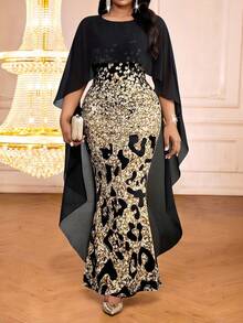 SHEIN Lady فستان نسائي فاخر مناسب للحفلات والتجمعات، مقاس كبير، مطبوع بنمط نمر، مصمم بتصميم مرقع وذيل سمكة