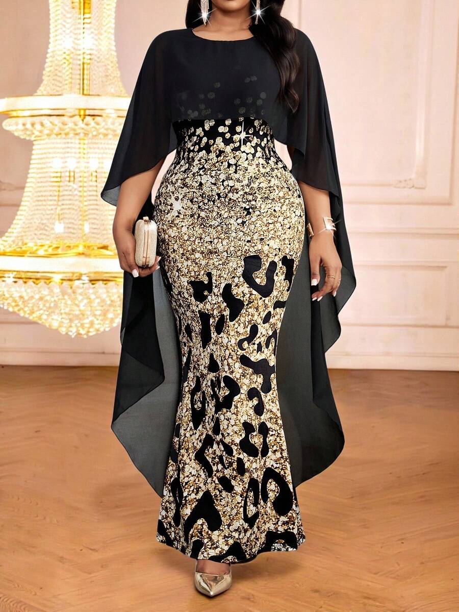 SHEIN Lady فستان نسائي فاخر مناسب للحفلات والتجمعات، مقاس كبير، مطبوع بنمط نمر، مصمم بتصميم مرقع وذيل سمكة