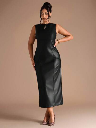 SHEIN BAE Ärmlös PU-läderklänning för kvinnor