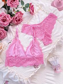 PetitDoll Women's Solid Color Minimalist Everyday Lace Lingerie Set - Pink - View 2
