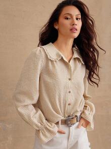WESTFADE Spring Gingham Checkered Plaid Ruffle Collar Long Sleeve Button Up Shirt